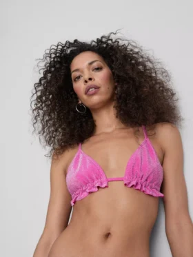 Csillogó, fodros háromszög alakú bikini felső