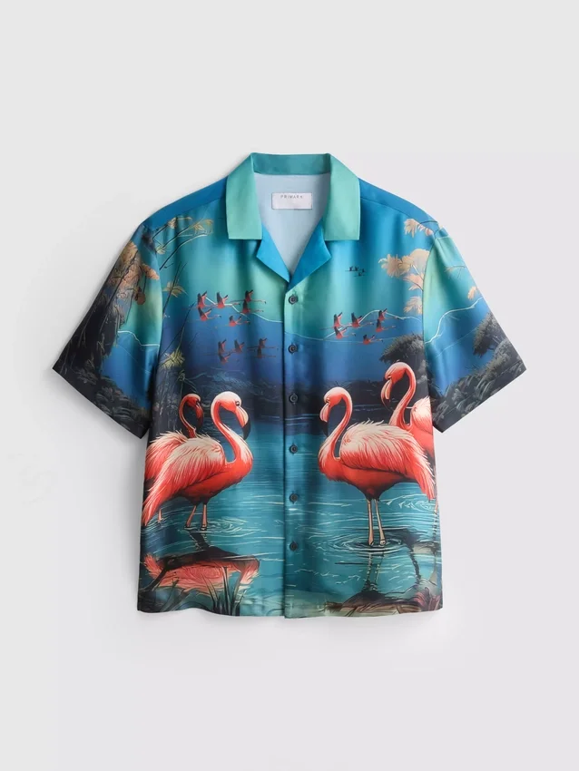 Flamingós mintás, rövid ujjú, gombos ing
