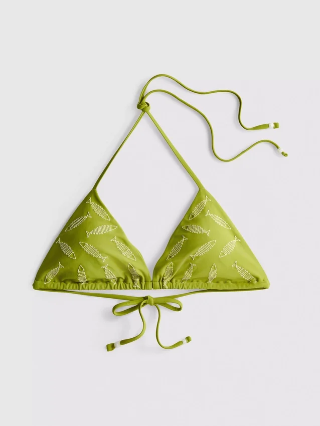 Hímzett halakkal díszített háromszög alakú bikini felső