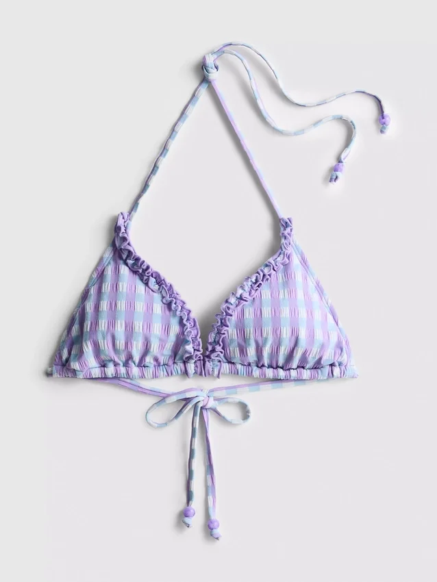 Kockás, fodros háromszög alakú bikini felső