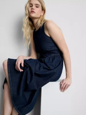 Pamut denim, alacsony derékvonalú midi ruha