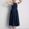 Pamut denim, alacsony derékvonalú midi ruha