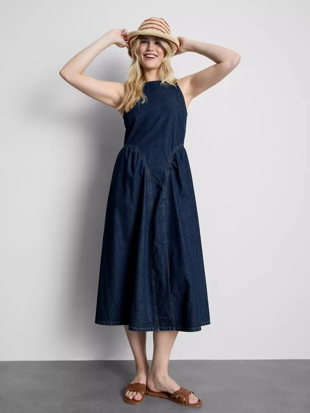 Pamut denim, alacsony derékvonalú midi ruha