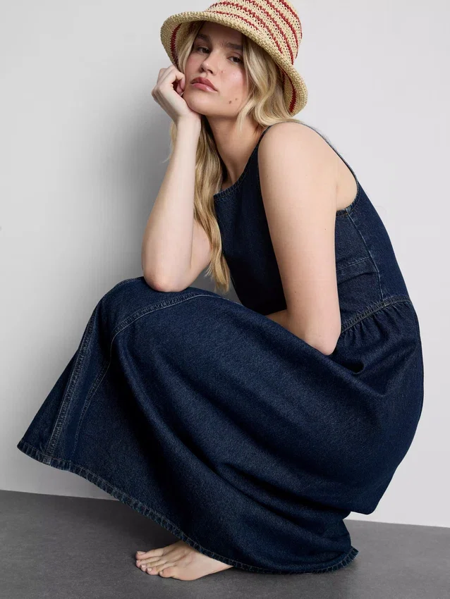 Pamut denim, alacsony derékvonalú midi ruha