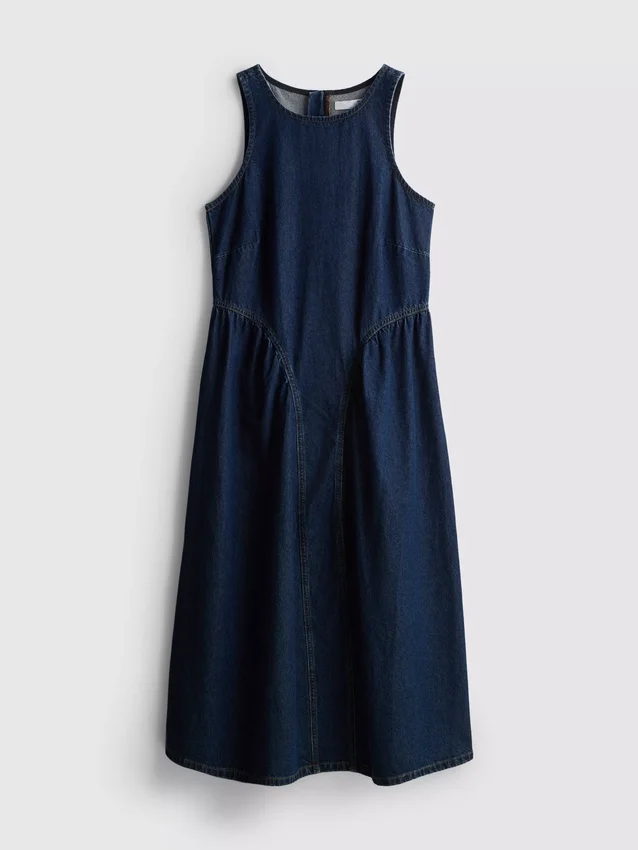 Pamut denim, alacsony derékvonalú midi ruha