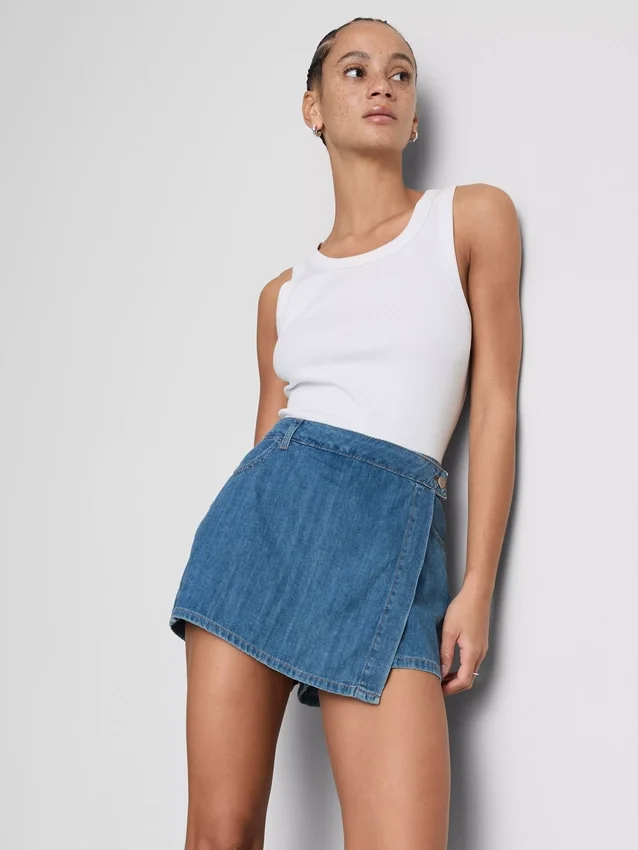 Pamut denim aszimmetrikus, átlapolt szoknya-nadrág