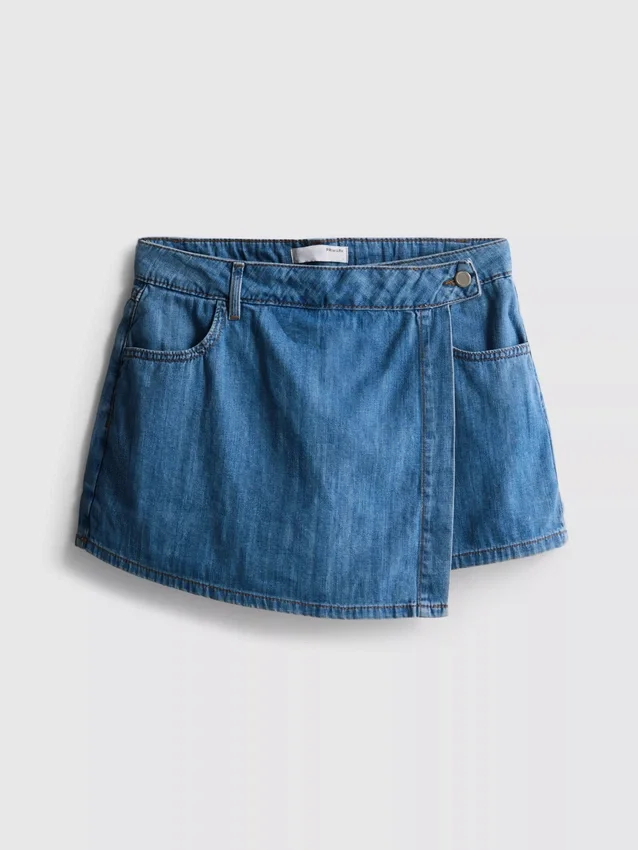 Pamut denim aszimmetrikus, átlapolt szoknya-nadrág