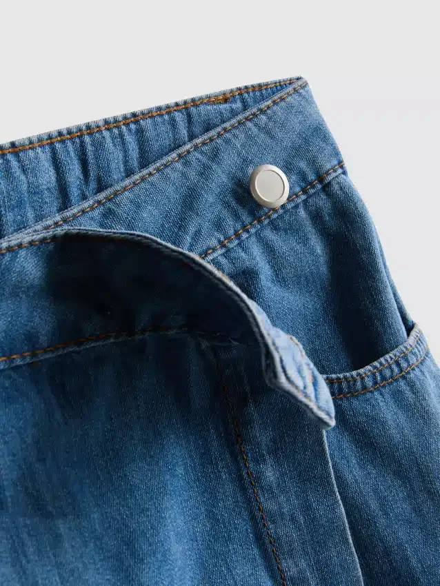Pamut denim aszimmetrikus, átlapolt szoknya-nadrág