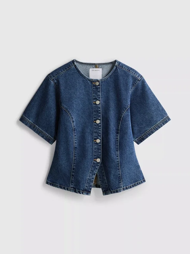 Pamut denim, derékban szűkített, rövid ujjú felső