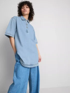 Pamut denim galléros mini egyenes szabású ruha