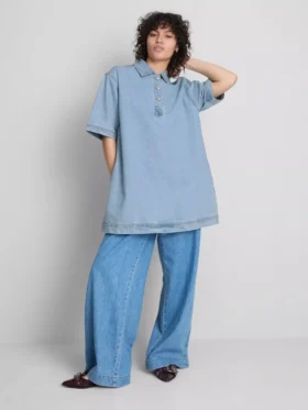 Pamut denim galléros mini egyenes szabású ruha