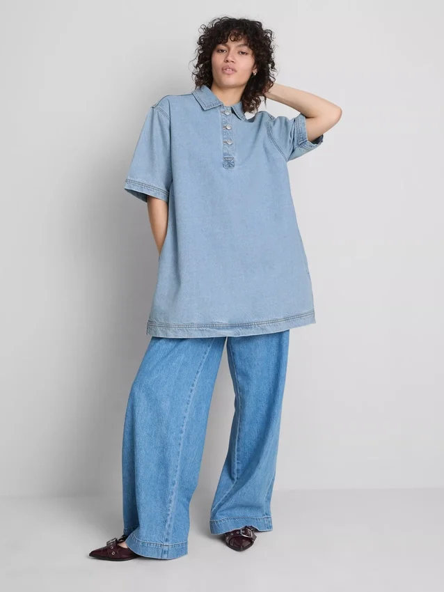 Pamut denim galléros mini egyenes szabású ruha