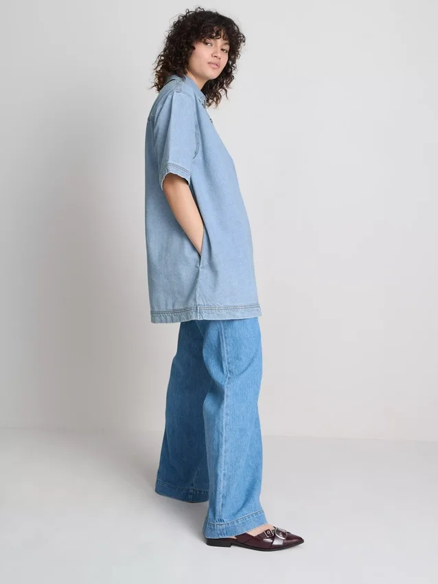 Pamut denim galléros mini egyenes szabású ruha