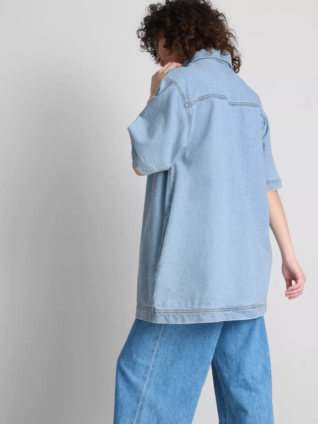 Pamut denim galléros mini egyenes szabású ruha