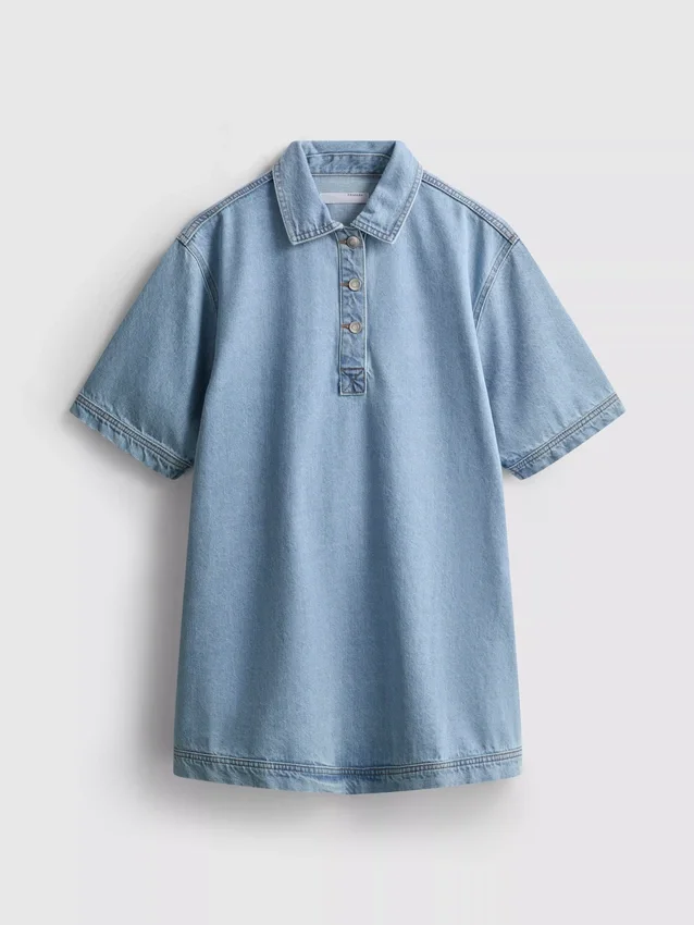 Pamut denim galléros mini egyenes szabású ruha