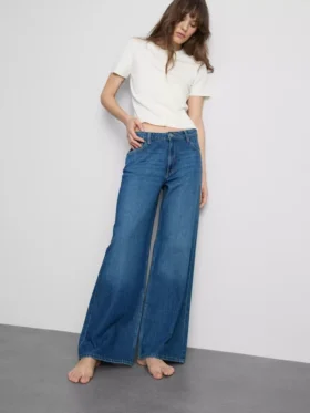 Pamut denim, közepes derékmagasságú, széles szárú farmer