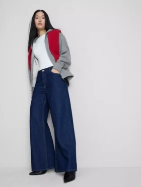 Pamut denim, közepes derékmagasságú, széles szárú farmer