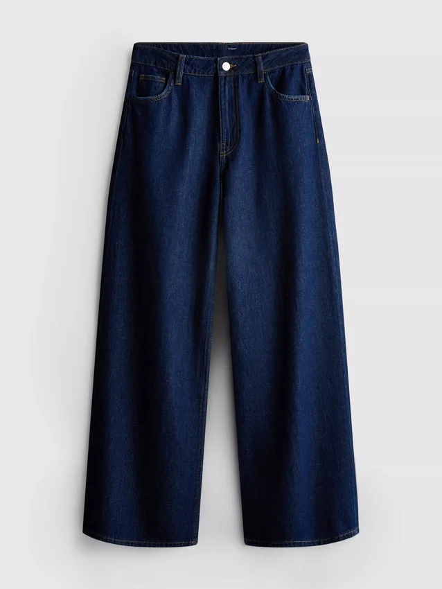 Pamut denim, közepes derékmagasságú, széles szárú farmer