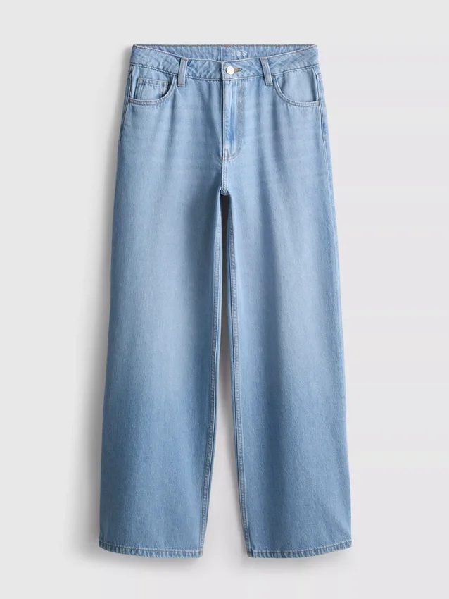Pamut denim, közepes derékmagasságú, széles szárú farmer