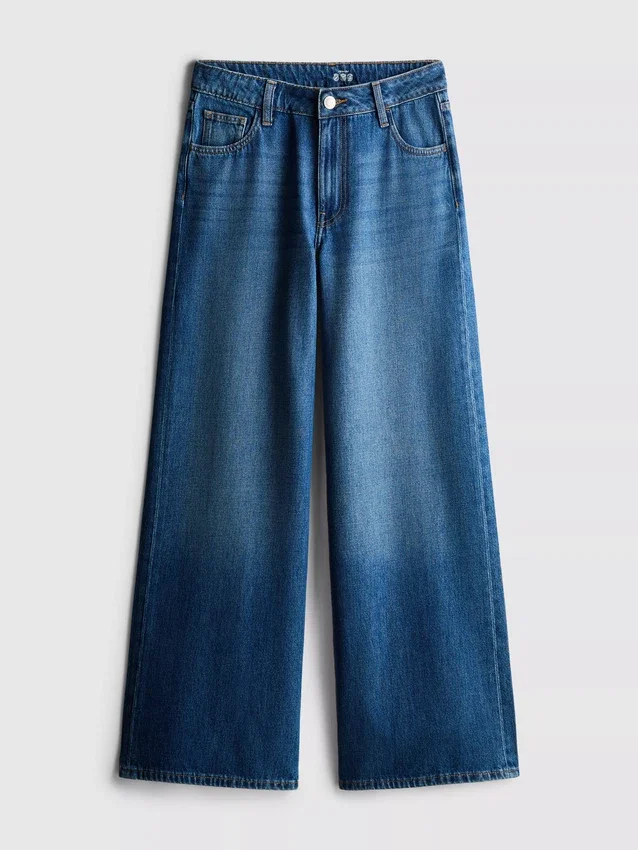 Pamut denim, közepes derékmagasságú, széles szárú farmer