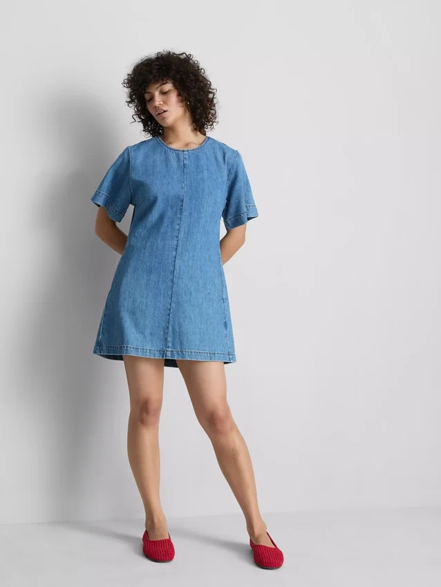 Pamut denim mini egyenes szabású ruha