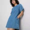 Pamut denim mini egyenes szabású ruha