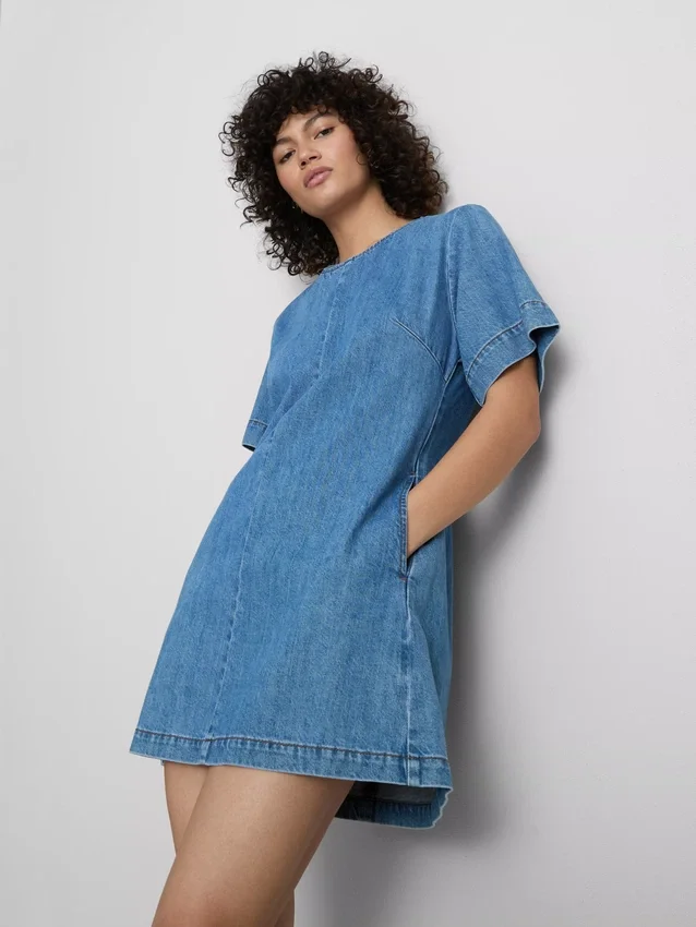 Pamut denim mini egyenes szabású ruha