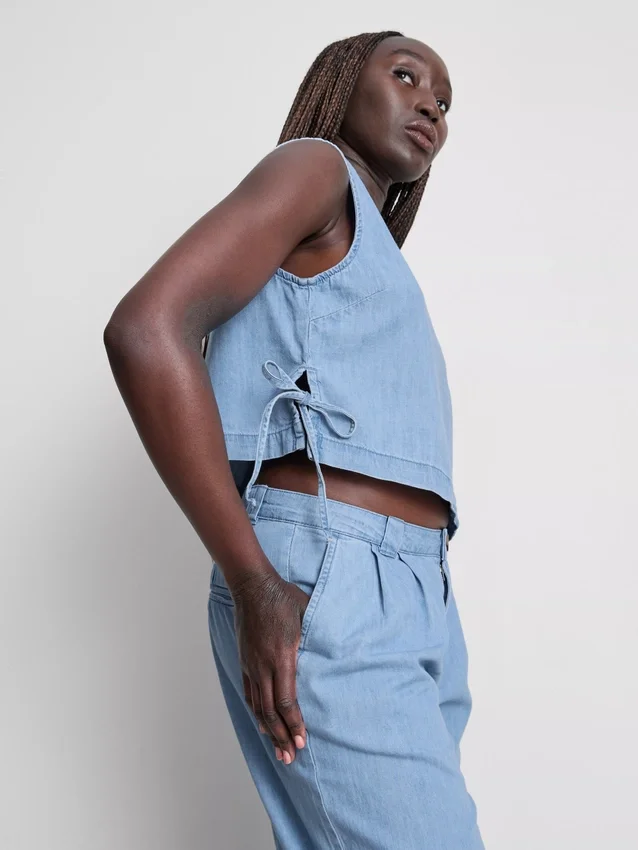 Pamut denim, oldalt kötős póló