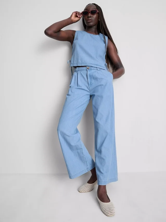 Pamut denim, redős, széles szárú farmer
