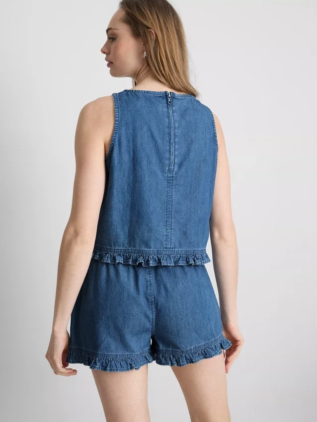 Pamut denim rövid, fodros ujjatlan felső