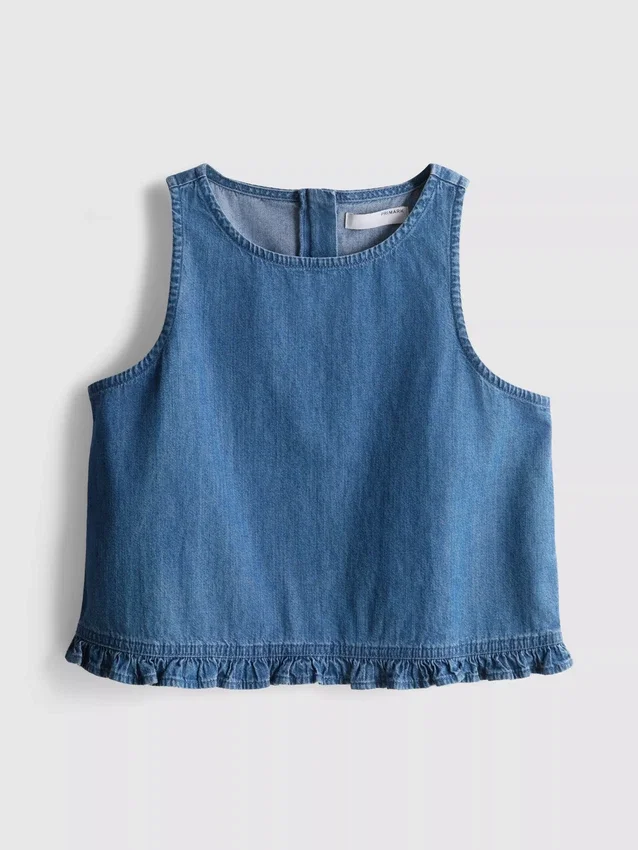 Pamut denim rövid, fodros ujjatlan felső