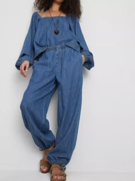 Paula Echevarría pamutgazdag denim haremnadrág