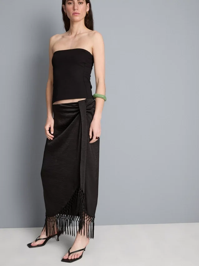 Szatén rojtos midi szoknya